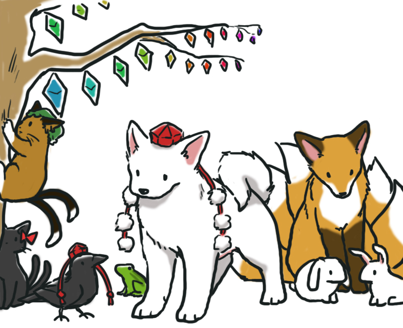 animalization bare_tree black_fur brown_fur chen chen_(cat) closed_mouth flandre_scarlet full_body green_headwear hat inaba_tewi inaba_tewi_(bunny) inubashiri_momiji inubashiri_momiji_(wolf) kaenbyou_rin kaenbyou_rin_(cat) looking_at_viewer mob_cap moriya_suwako moriya_suwako_(frog) multiple_tails pom_pom_(clothes) red_headwear reisen_udongein_inaba reisen_udongein_inaba_(bunny) shameimaru_aya shameimaru_aya_(crow) simple_background solid_oval_eyes tail tokin_hat toriaezu_shouyu touhou tree two_tails whiskers white_background white_fur yakumo_ran yakumo_ran_(fox)