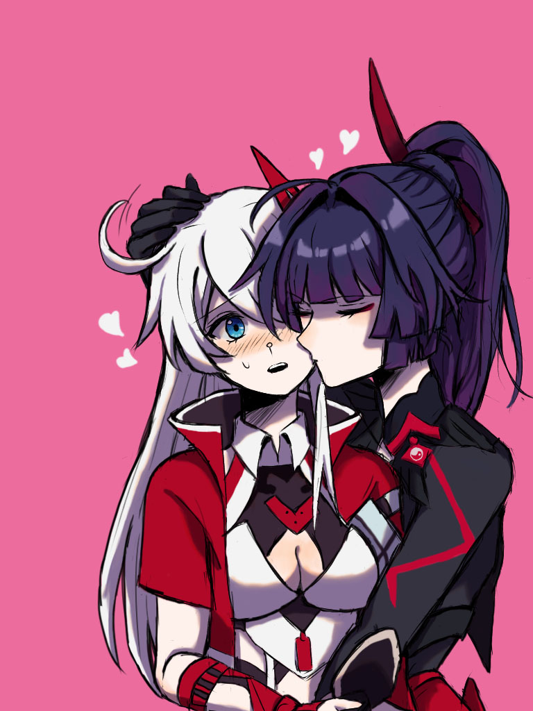 2girls blue_eyes blush hair_ornament honkai_(series) honkai_impact_3rd hug kiana_kaslana long_hair multiple_girls original pink_background purple_hair raiden_mei simple_background user_hjgy5758 white_hair yuri