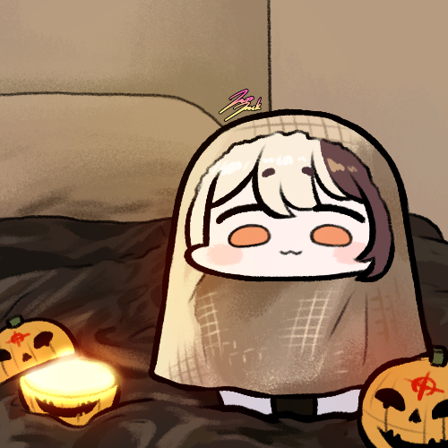 1girl :3 bed bed_sheet blush_stickers brown_hair candlelight chibi hachiko_of_castling halloween halloween_costume jack-o&#039;-lantern jazz_jack last_origin lowres multicolored_hair on_bed orange_eyes photo-referenced solo_focus two-tone_hair white_hair