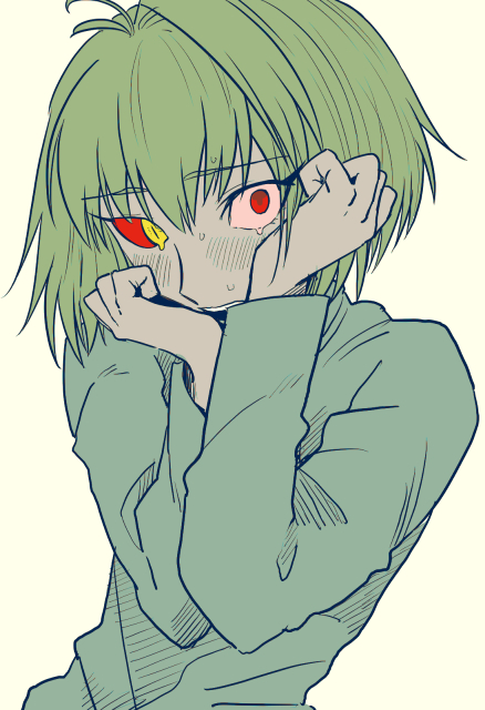 1girl ahoge arcueid_brunestud blonde_hair blush colored_sclera hands_on_own_face heterochromia looking_at_viewer metarogu mismatched_sclera red_arcueid red_eyes red_sclera short_hair sweat sweater tsukihime tsukihime_(remake) turtleneck turtleneck_sweater upper_body yellow_eyes