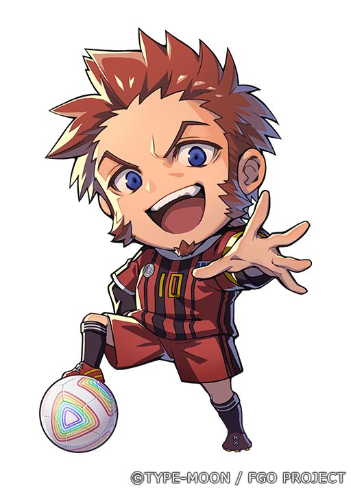 1boy :d ball blue_eyes brown_hair deformed facial_hair fate/dream_striker fate/grand_order fate_(series) full_body goatee kyosuke long_sideburns looking_at_viewer male_focus napoleon_bonaparte_(fate) official_art open_mouth outstretched_arm sideburns smile soccer_ball soccer_uniform socks solo sportswear white_background