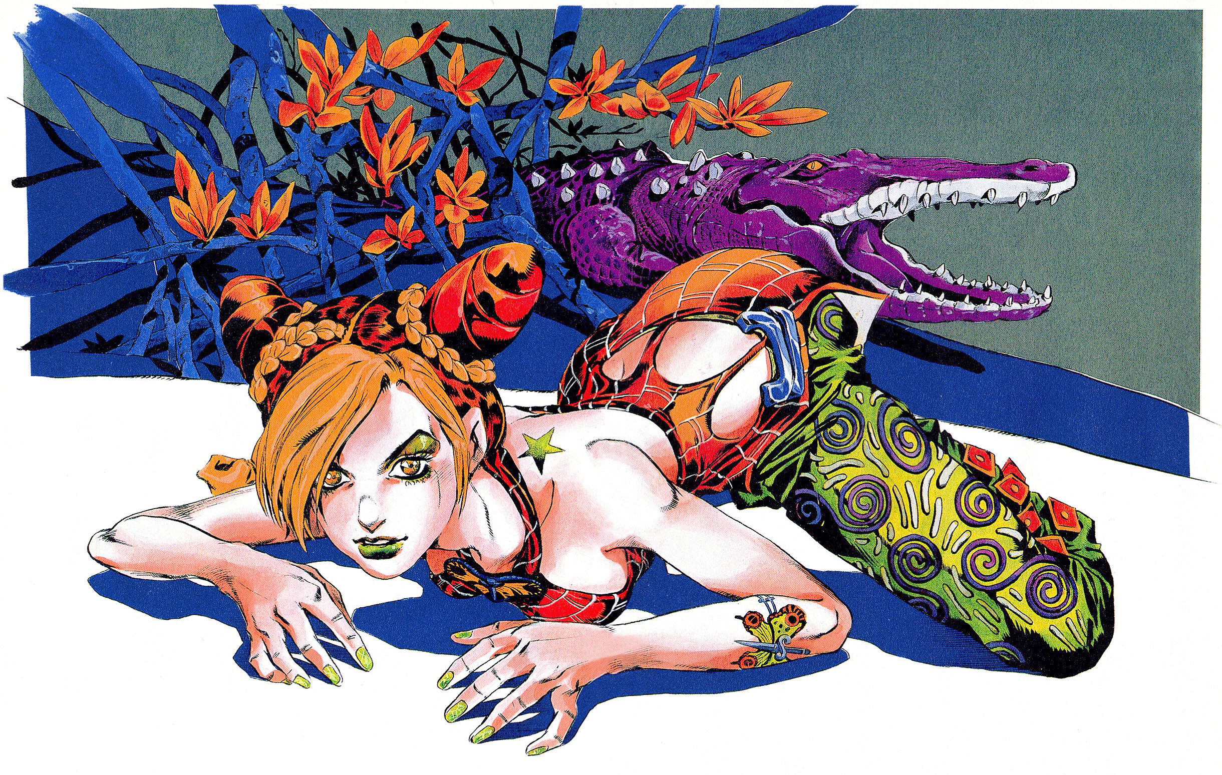 1girl 2012 all_fours araki_hirohiko artist_name bare_legs braid double_bun flower green_background hair_bun highres jojo_no_kimyou_na_bouken kuujou_jolyne looking_at_viewer official_art pants parted_lips simple_background smile source_request stand_(jojo) stone_free stone_ocean wide_hips
