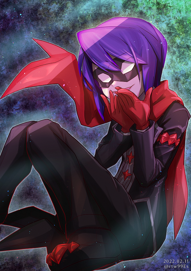 black_footwear cosplay covering_own_mouth cyrus_(pokemon) cyrus_(pokemon)_(cosplay) cyrus_(sygna_suit)_(pokemon) dated domino_mask gloves looking_at_viewer male_focus mask nintendo official_alternate_costume pokemon pokemon_hgss pokemon_masters_ex purple_hair ratowa red_gloves red_scarf scarf sitting solo will_(pokemon)