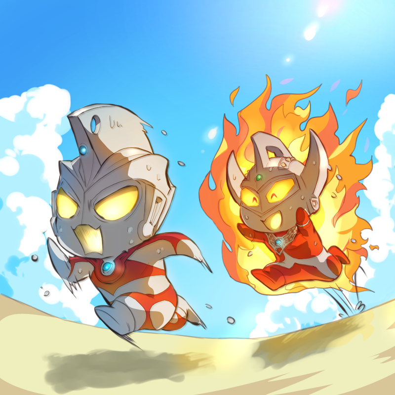 2boys alien blue_gemstone brothers burning cloud color_timer colored_skin commentary fleeing forehead_jewel gem green_gemstone happy lens_flare male_focus motion_lines multicolored_skin multiple_boys open_mouth outdoors red_skin sand scared shungyou siblings silver_skin step-siblings sweat tokusatsu ultra_series ultraman_ace ultraman_ace_(series) ultraman_tarou ultraman_tarou_(series) yellow_eyes
