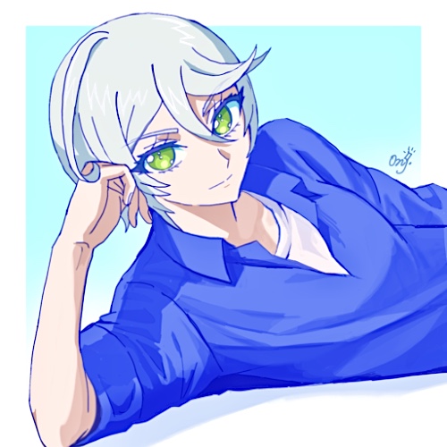 1girl androgynous arm_support bad_id bad_twitter_id blue_background blue_shirt border closed_mouth collared_shirt green_eyes grey_hair hair_between_eyes hand_up head_rest looking_at_viewer lowres lying mdr_onj1807 on_side pretty_series pripara reverse_trap shikyoin_hibiki shirt short_hair signature smile solo upper_body white_border white_shirt