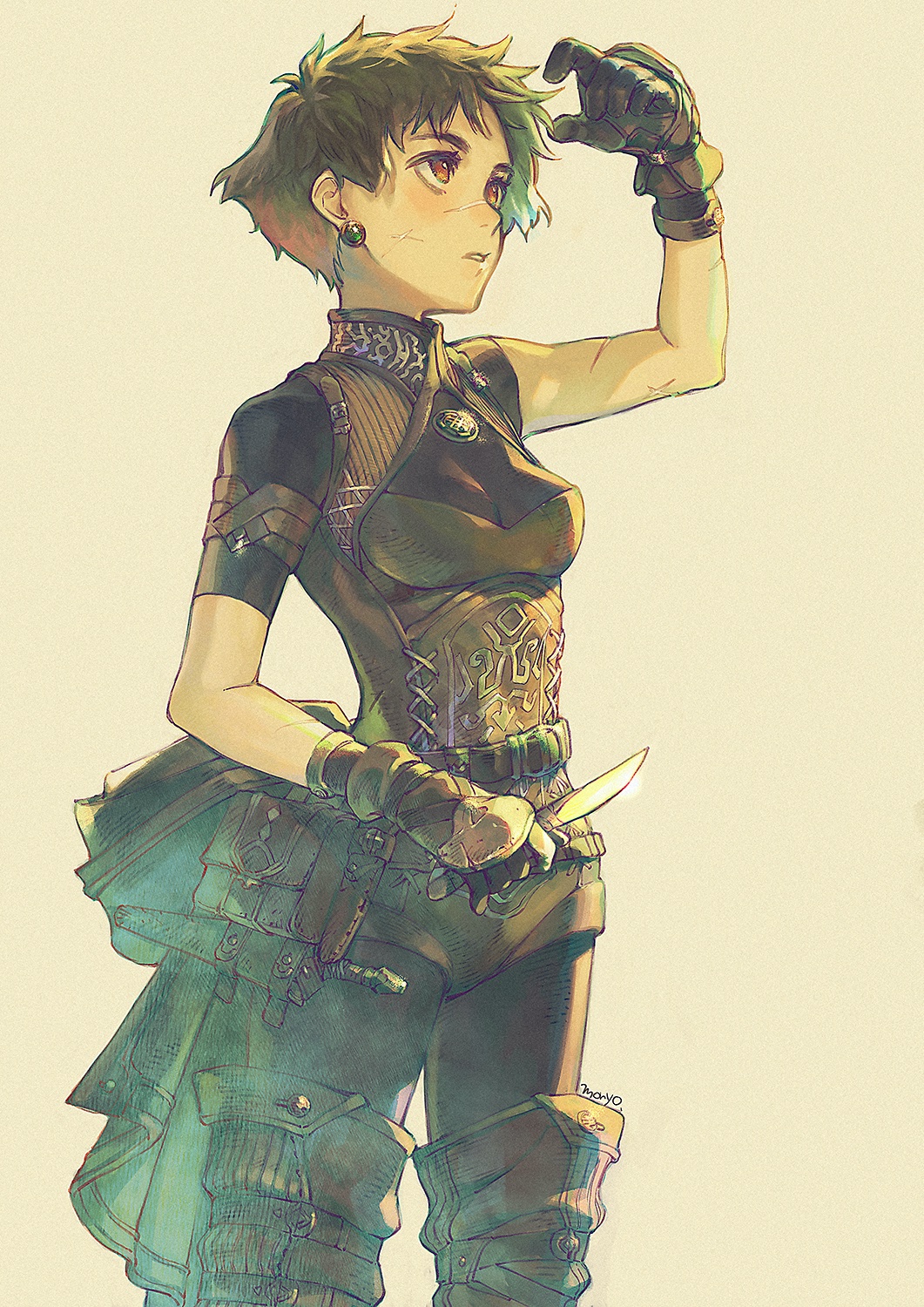 1girl armlet beige_background belt belt_pouch black_gloves breasts brown_hair commentary_request earrings facial_scar female_focus gloves highres holding holding_knife jewelry knife medium_breasts moryo original pouch red_eyes scar scar_on_cheek scar_on_face short_hair shorts solo very_short_hair