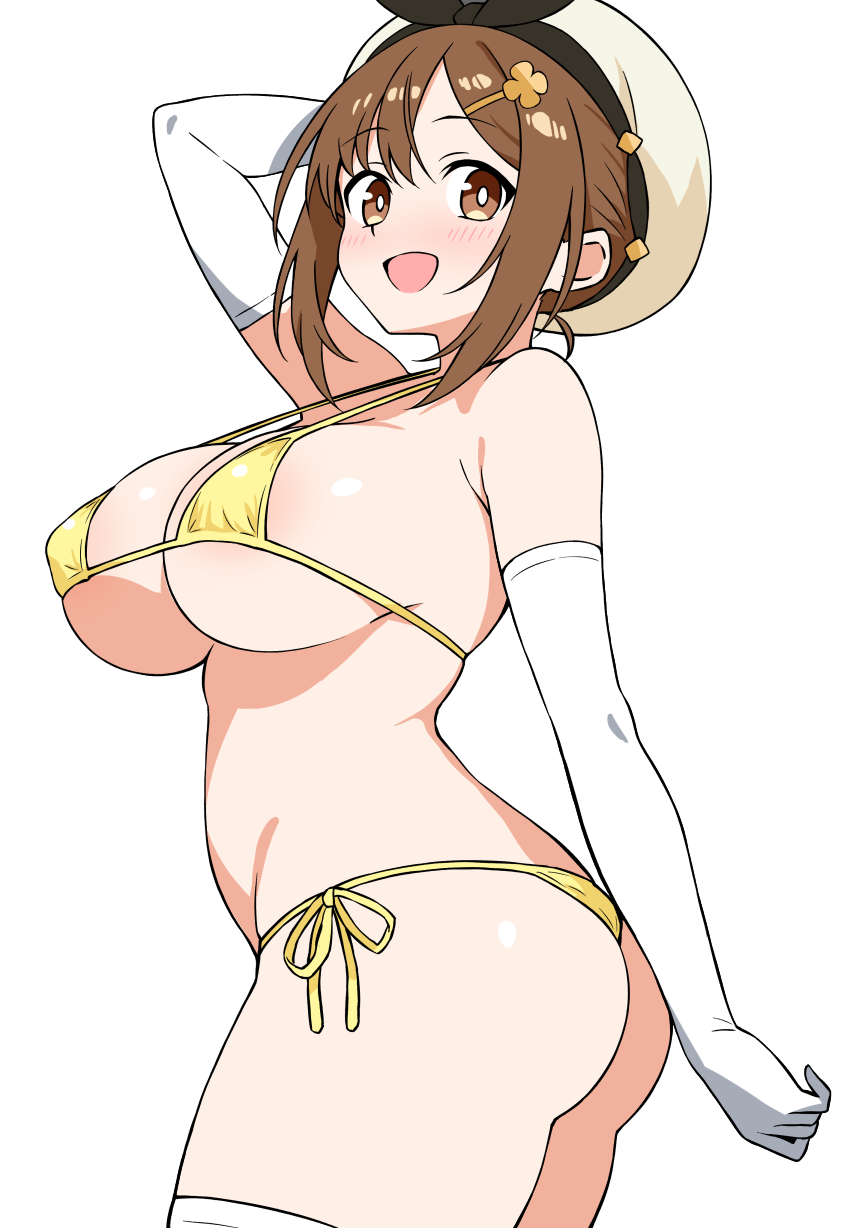 :d atelier_(series) atelier_ryza atelier_ryza_1 bikini breasts brown_eyes ecgg_(tsuji418477) elbow_gloves gloves hat highres large_breasts open_mouth reisalin_stout short_hair simple_background smile swimsuit white_background white_gloves white_hat yellow_bikini