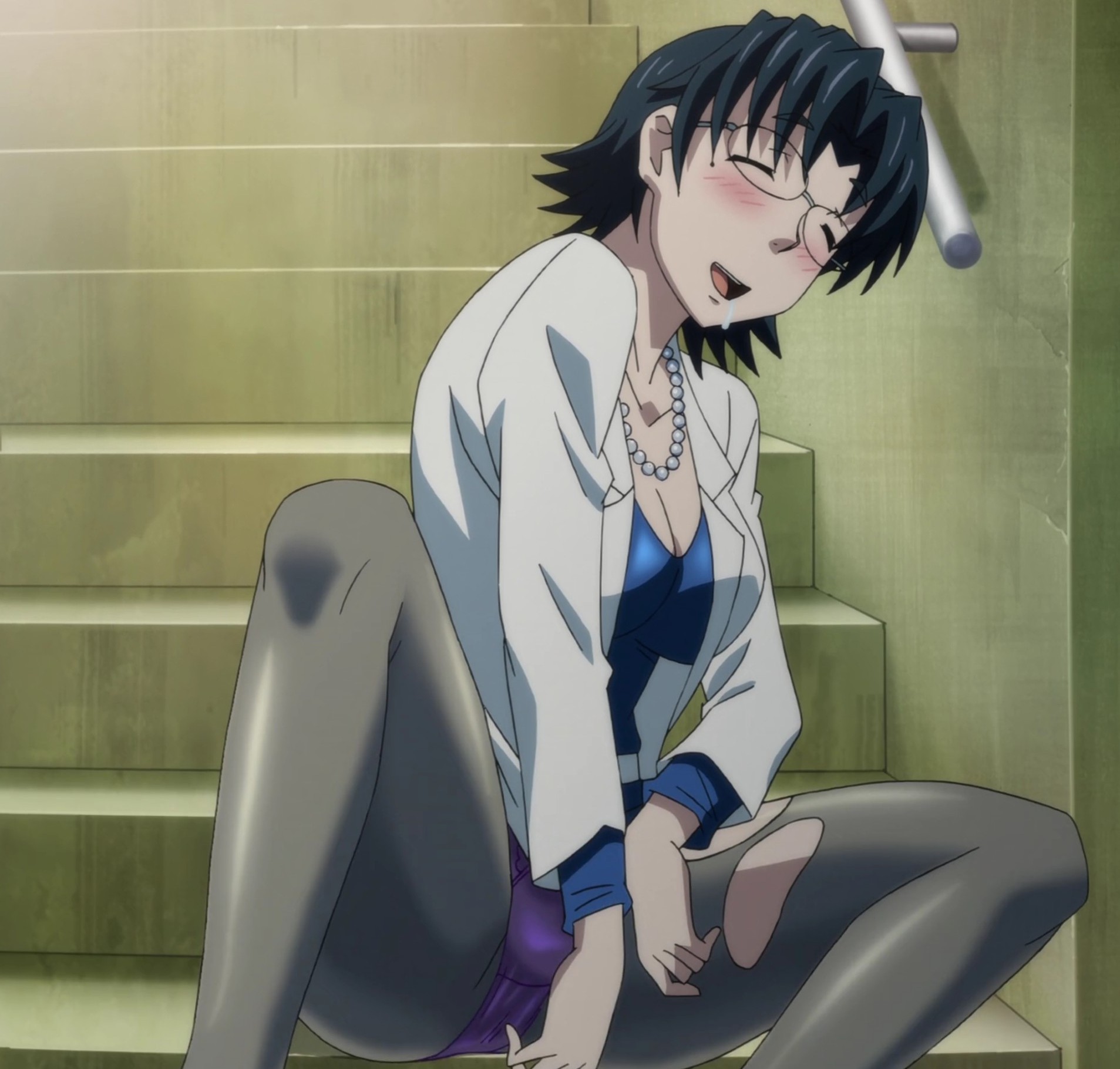 honnami shouko, nozoki ana, anime screenshot, highres, stitched,  third-party edit, 1girl, black hair, blush, breasts, cleavage, closed eyes,  drooling, drunk, glasses, jewelry, large breasts, mole, mole under eye,  necklace, panties, pantyhose, short