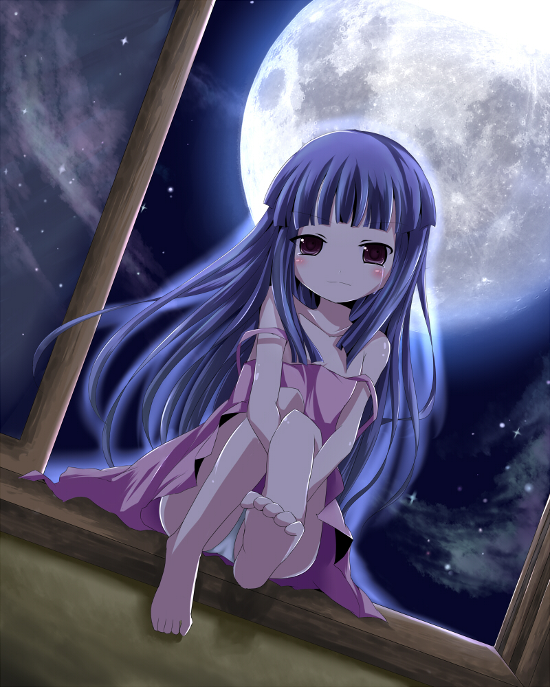 1girl bad_feet bare_shoulders barefoot blue_hair blush cloud collarbone dutch_angle feet female_focus furude_rika higurashi_no_naku_koro_ni hime_cut kazura long_hair moon night panties pantyshot purple_eyes sitting sky smile soles solo star_(sky) star_(symbol) starry_sky strap_slip tears toes underwear window windowsill