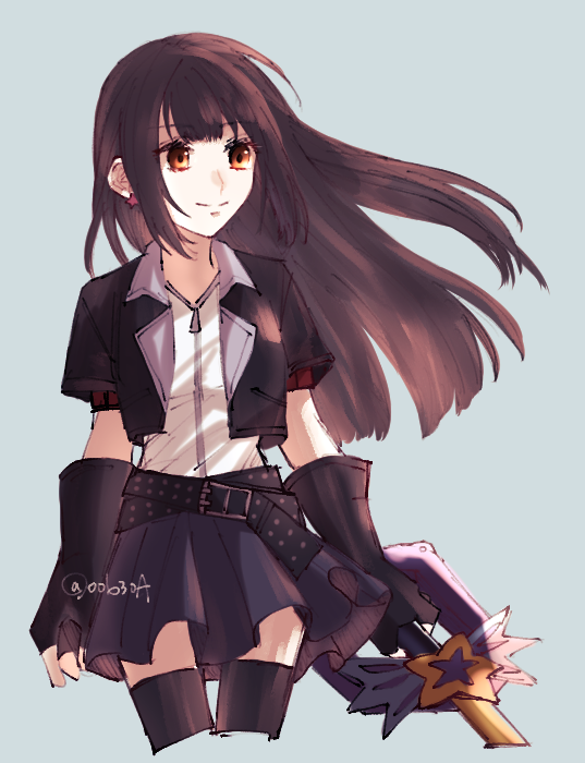 1girl belt black_belt black_gloves black_hair black_jacket black_skirt brown_eyes closed_mouth commentary_request cropped_jacket earrings fingerless_gloves floating_hair gloves grey_background holding holding_weapon jacket jewelry keyblade kingdom_hearts kingdom_hearts_x long_hair nitoya_00630a pleated_skirt shirt simple_background skirt skuld_(kingdom_hearts) smile solo starlight_(kingdom_hearts) weapon white_shirt
