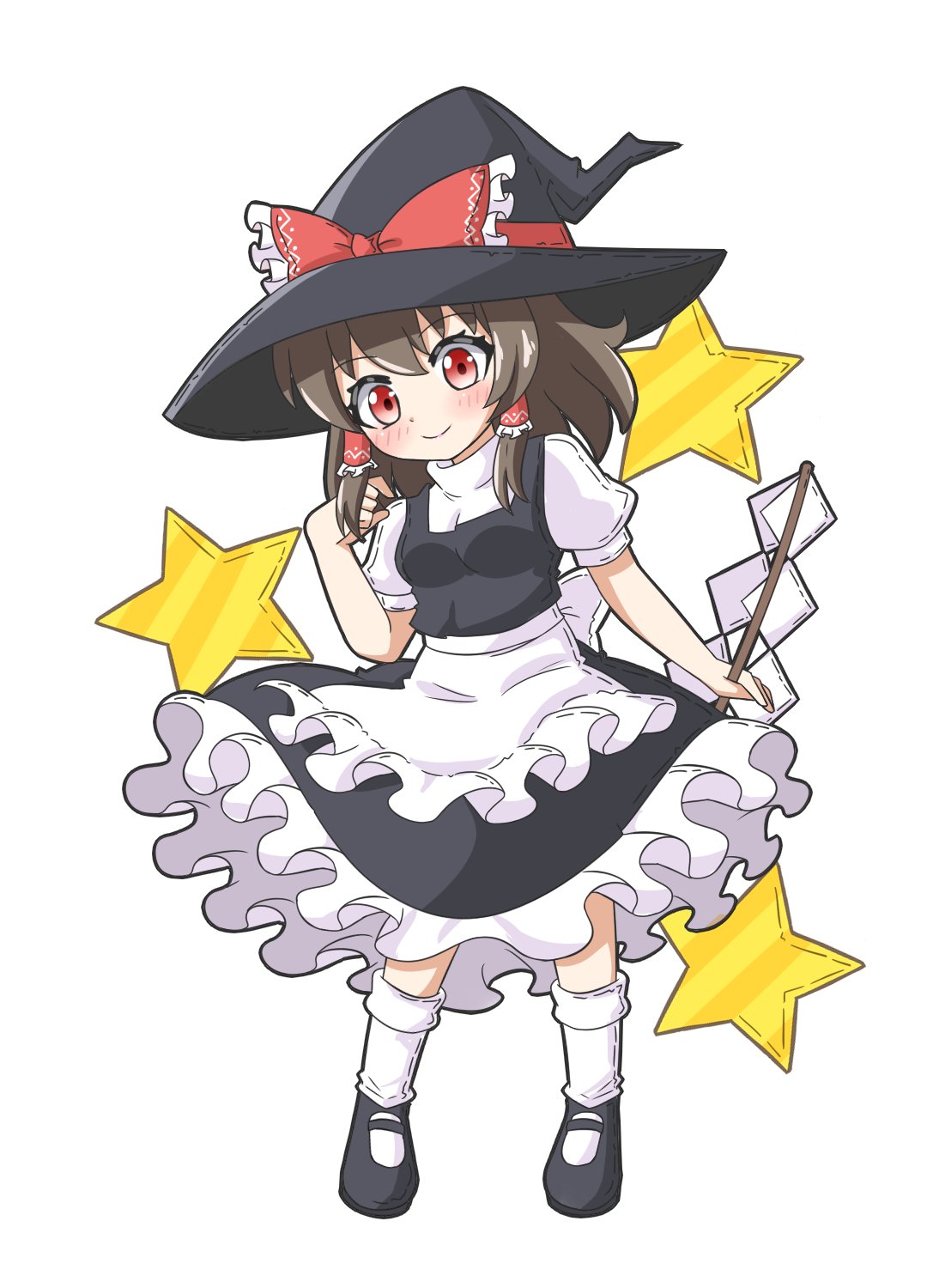 1girl apron black_shoes black_skirt black_vest blush bow brown_eyes brown_hair closed_mouth cosplay frilled_bow frilled_hair_tubes frills gohei hair_tubes hakurei_reimu hand_in_own_hair hat hat_bow highres holding holding_gohei kirisame_marisa kirisame_marisa_(cosplay) long_hair mary_janes red_bow red_eyes shoes short_sleeves simple_background skirt smile socks solo star_(symbol) touhou vest waist_apron white_background witch_hat zenji029