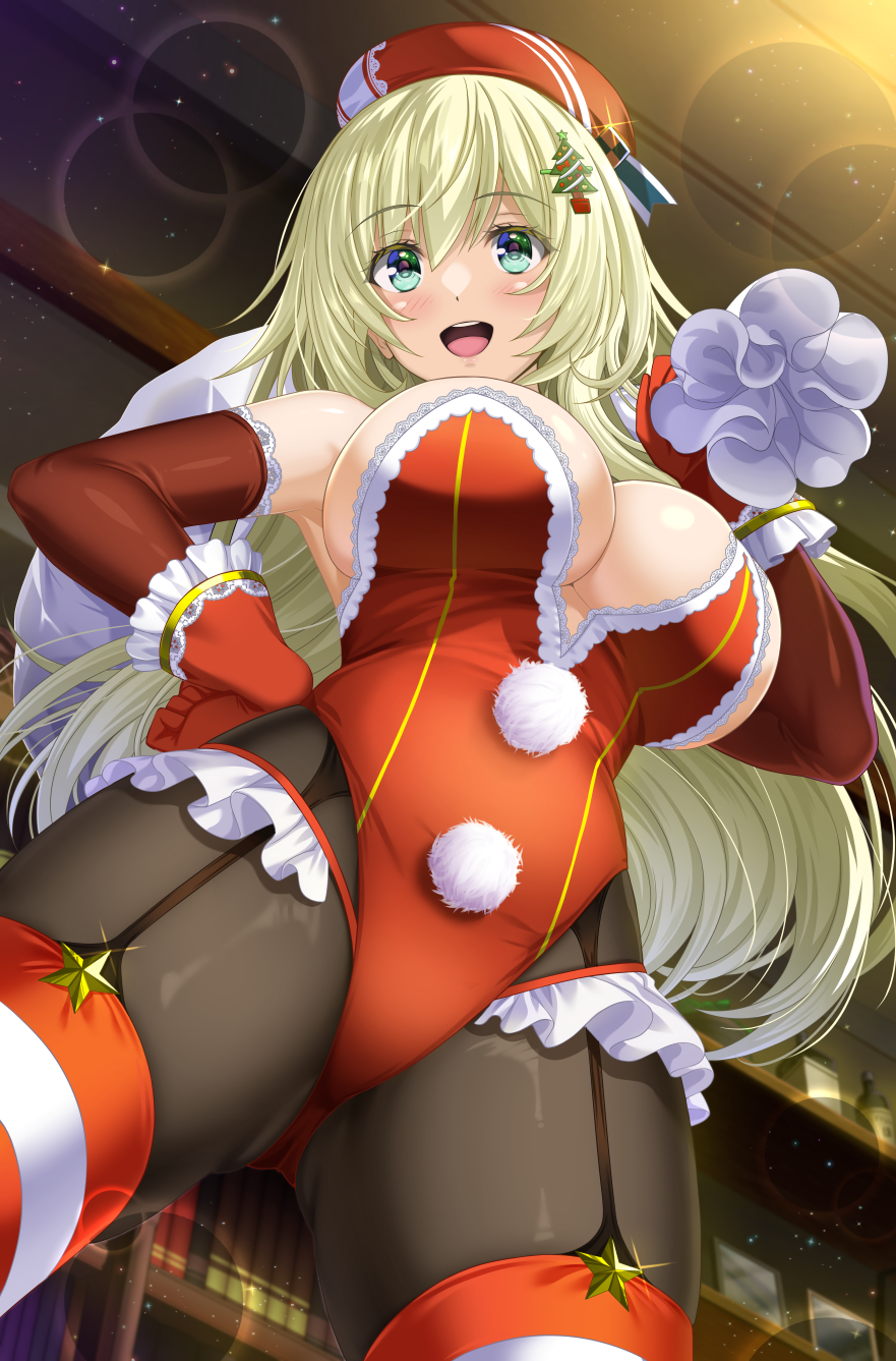 1girl atago_(kancolle) bare_shoulders beret blonde_hair blush breasts brown_pantyhose christmas cleavage elbow_gloves fur_trim gloves green_eyes hat highleg highleg_leotard highres kantai_collection large_breasts leotard long_hair looking_at_viewer open_mouth pantyhose red_gloves red_hat red_leotard sack santa_costume shibata_rai smile solo thighs