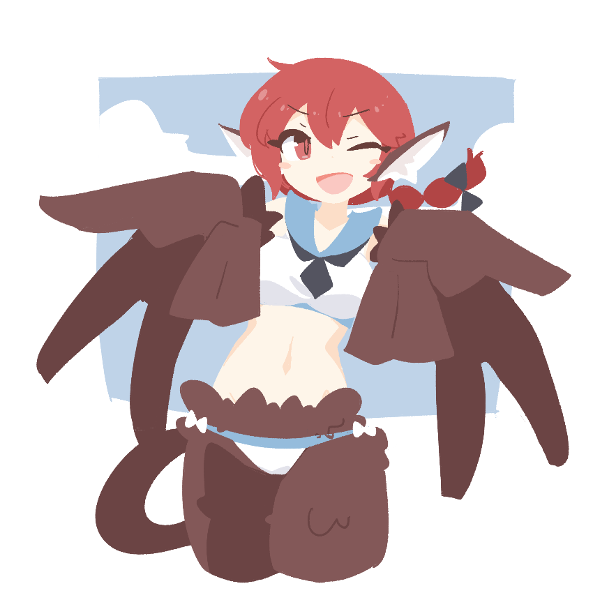 animal_ears big_o_pants bikini bird_ears bird_legs bird_tail brown_feathers brown_wings commentary double_w feather_fingers feathers fio-chan_(big_o_pants) harpy midriff monster_girl navel no_lineart one_eye_closed open_mouth original red_eyes red_hair sailor_bikini sailor_collar tail w winged_arms wings