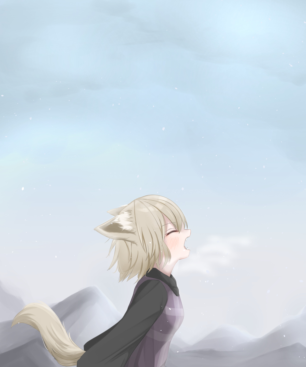 1girl animal_ears blonde_hair closed_eyes commentary_request hair_between_eyes highres medium_hair mitarashi_dayo mountain open_mouth screaming snowing steam sweater tail urotsuki wolf_ears wolf_tail yume_2kki