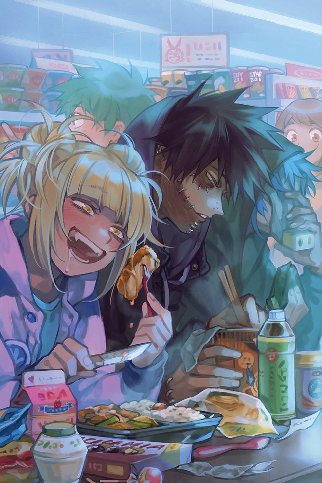 2girls 3boys :d all_might bento black_hair blonde_hair blunt_bangs blush boku_no_hero_academia bottle brown_eyes brown_hair burn_scar cameo can candy casual cheek_piercing chopsticks commentary convenience_store covered_face cup_ramen dabi_(boku_no_hero_academia) double_bun drink drooling ear_piercing eating english_commentary fangs feet_out_of_frame food fork freckles from_side green_eyes green_hair hair_bun half-closed_eyes hand_up hands_up holding holding_chopsticks holding_food holding_fork holding_knife hood hood_up indoors knife lollipop long_sleeves looking_ahead looking_down loveariddle messy_hair midoriya_izuku multiple_boys multiple_girls multiple_piercings multiple_scars narrowed_eyes neon_lights onigiri open_mouth parted_lips piercing puffy_long_sleeves puffy_sleeves saliva scar shelf shigaraki_tomura shop sign smile spiked_hair steam swept_bangs teeth toga_himiko upper_body uraraka_ochako yellow_eyes