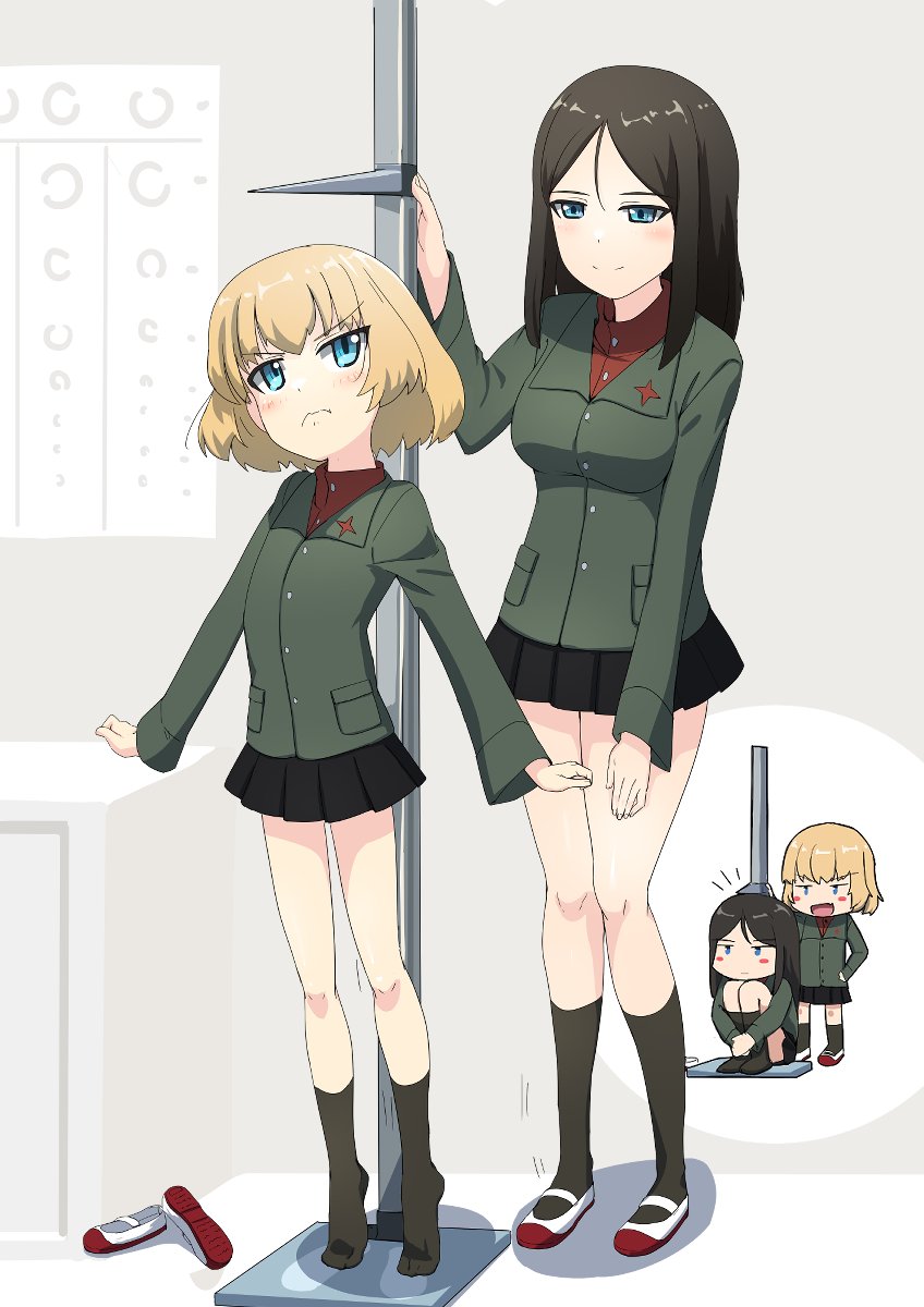 2girls black_hair black_skirt black_socks blonde_hair blue_eyes blush buchikaki closed_mouth girls_und_panzer height_conscious highres katyusha_(girls_und_panzer) long_hair looking_at_another military_uniform miniskirt multiple_girls nonna_(girls_und_panzer) open_mouth pleated_skirt pravda_military_uniform short_hair size_difference skirt smile socks