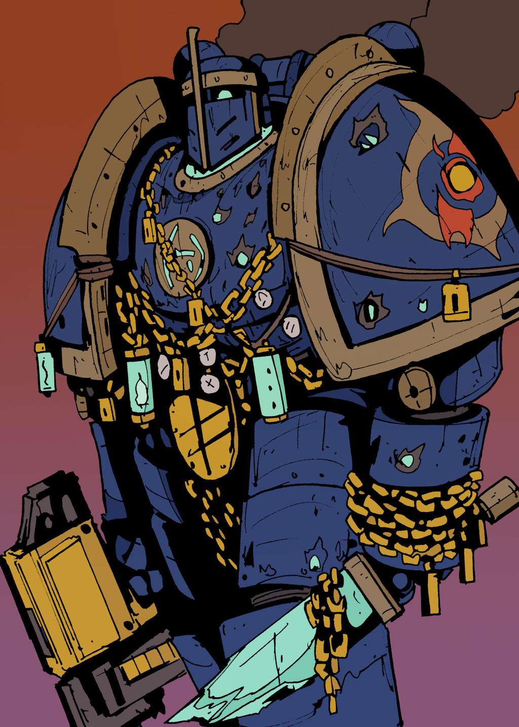 .75_calibre_bolt 1boy adeptus_astartes ammunition anti-materiel_cartridge armor blue_armor blue_background bolt_(warhammer_40k) bolter chain chaos_(warhammer) chaos_space_marine commentary dagger darkmechanic helmet high-explosive_cartridge highres holding holding_dagger holding_knife holding_weapon knife multicolored_background power_armor purple_background rocket-assisted_projectile shoulder_armor space_marine tzeentch warhammer_40k weapon window_magazine