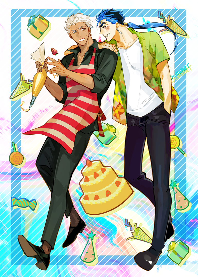 2boys apron archer_(casual_wear)_(fate) archer_(fate) black_footwear black_pants black_shirt blue_hair border cake candy collarbone crimo cu_chulainn_(fate) fate/stay_night fate_(series) food green_shirt grin hat lollipop long_hair male_focus multiple_boys open_clothes open_shirt pants party_hat party_popper shirt smile striped_apron striped_clothes swirl_lollipop tan white_border white_hair white_shirt yaoi
