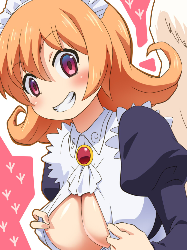 1girl awa blush breasts cleavage feathered_wings flipped_hair ishuzoku_reviewers large_breasts looking_at_viewer maid maid_headdress meidri monster_girl orange_hair puffy_sleeves short_hair smile solo teeth wings