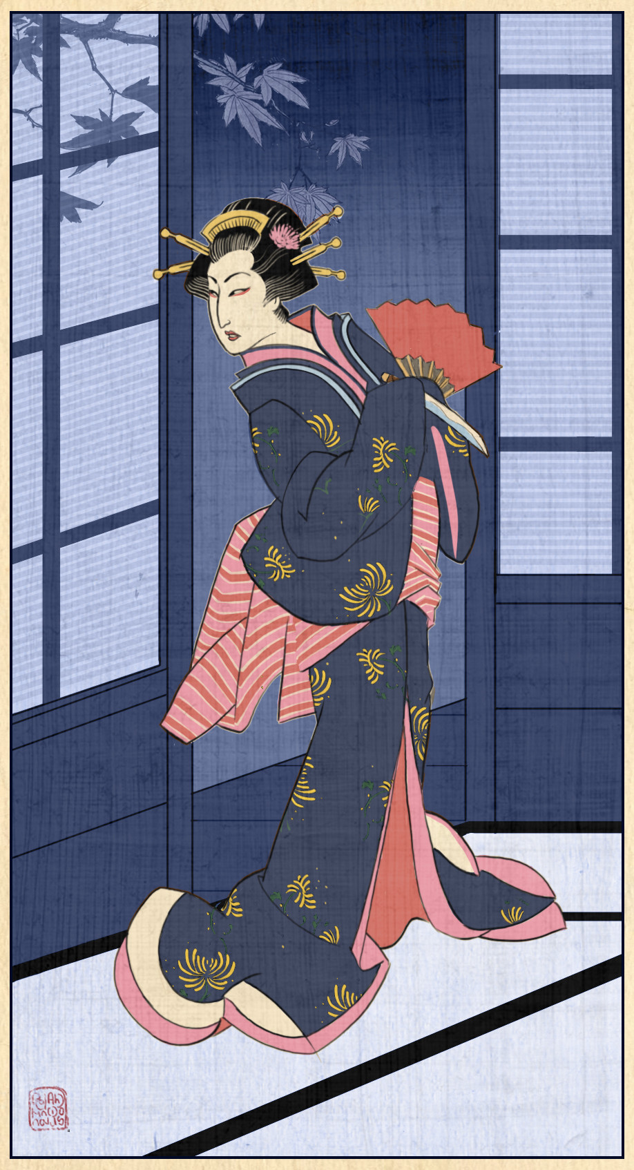 1girl black_hair black_kimono border branch commentary english_commentary eyeshadow fine_art_parody folding_fan full_body geisha hair_ornament hairpin hand_fan highres holding holding_knife indoors japanese_clothes kimono knife leaf lipstick long_sleeves looking_back makeup nihonga official_art paper_fan paper_wall parody parted_lips red_eyeshadow roland_macdonald short_hair silhouette sliding_doors solo standing tatami total_war total_war:_shogun_2