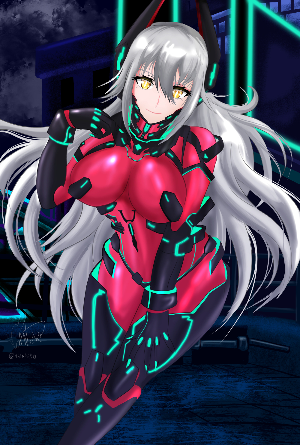 1girl android aqua_nails artist_name bodysuit breasts bright_pupils commentary english_commentary gauntlets glowing_nails grey_hair highres horns large_breasts long_hair looking_at_viewer mechanical_horns mechanical_legs nail_polish red_bodysuit slit_pupils smile valneeko virtual_youtuber vshojo white_pupils yellow_eyes zentreya zentreya_(cyborg) zentreya_(cyborg)_(1st_costume)