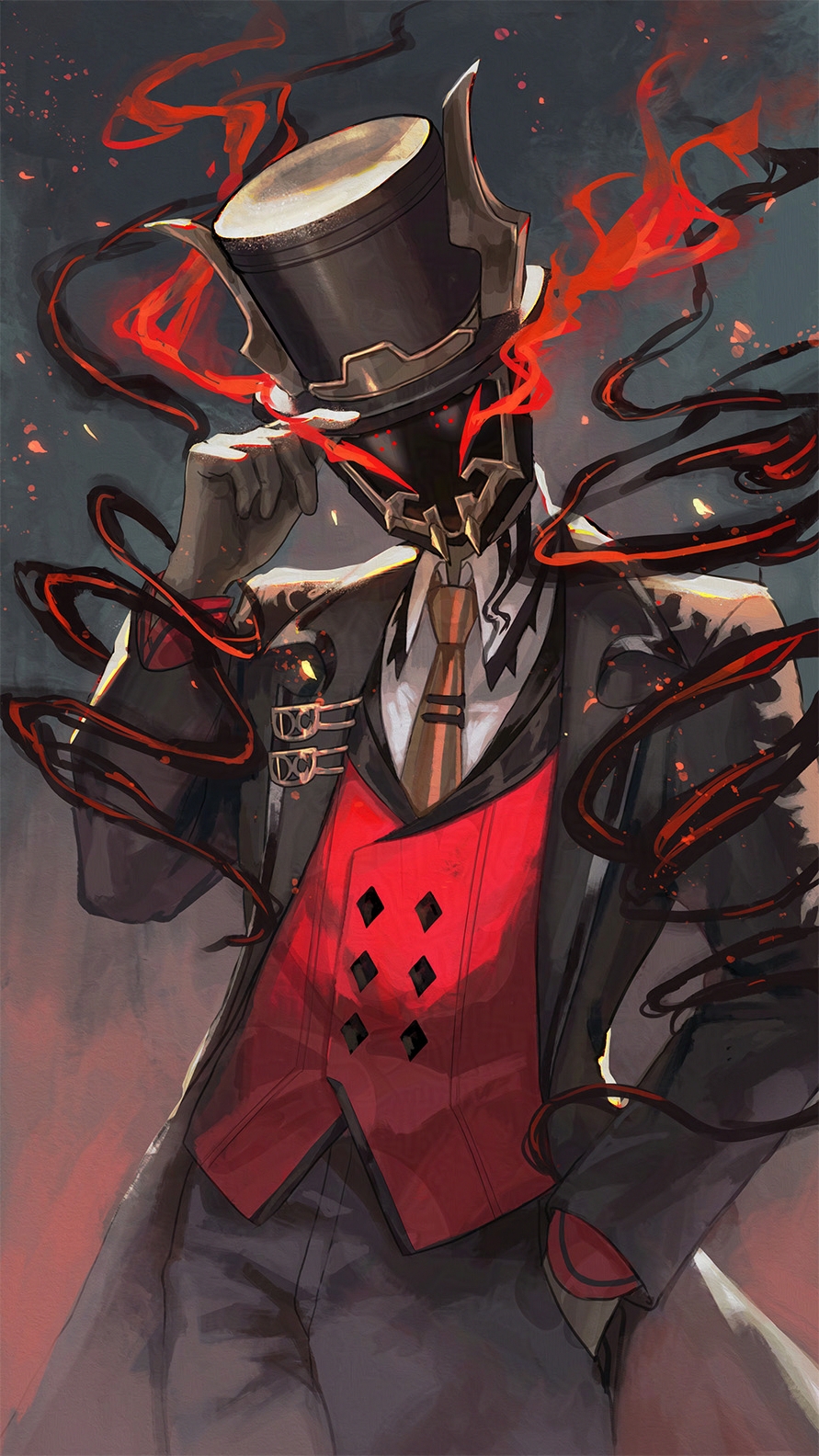 1boy adjusting_clothes adjusting_headwear black_fire black_mask brown_coat brown_necktie buttons coat collared_shirt commentary_request contrapposto cowboy_shot demon dot-matrix dress_shoes fake_horns fire flame_print gentleman glowing glowing_eyes gradient_background grey_background hand_in_pocket hat head_tilt highres horned_headwear horns kumano_yume long_coat looking_at_viewer male_focus masuta_dexi necktie open_clothes open_coat plaid_clothes plaid_coat red_background red_vest shirt solo tie_clip top_hat vest virtual_youtuber white_shirt wing_collar world_connect