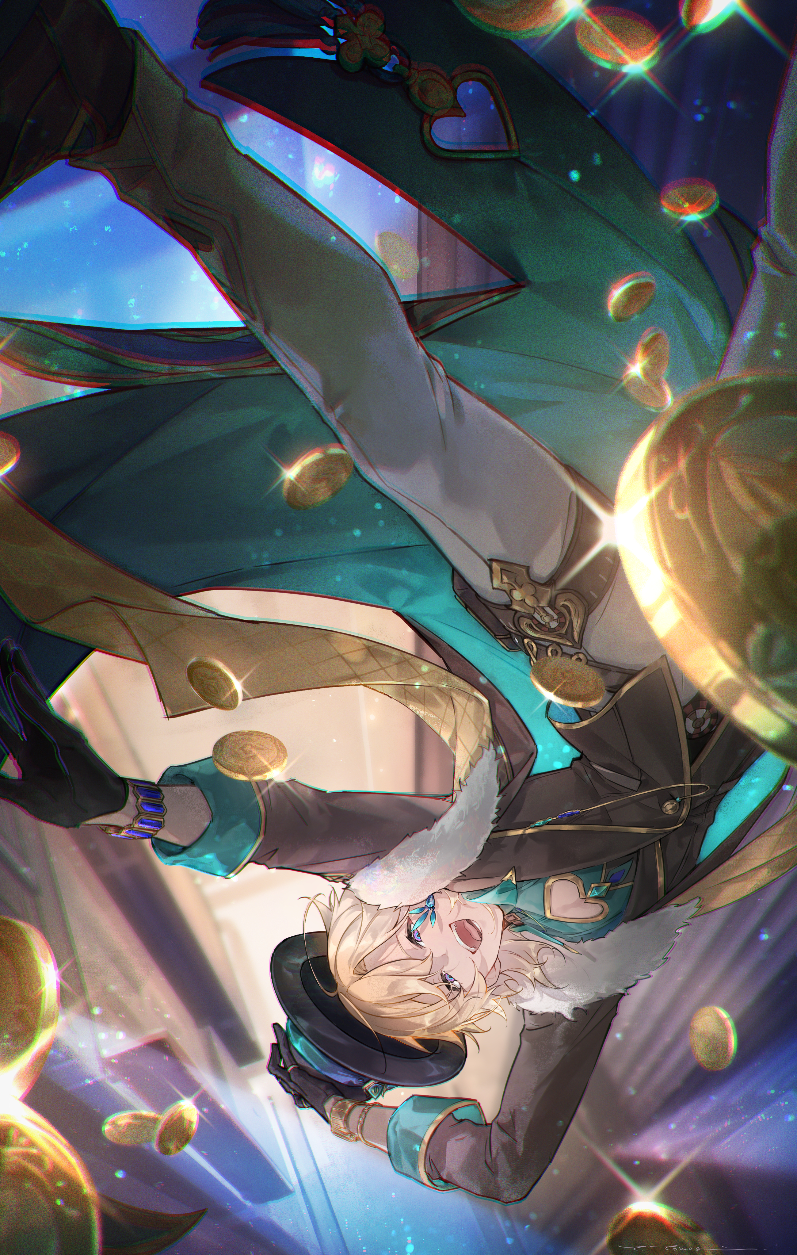 1boy absurdres ahoge aventurine_(honkai:_star_rail) black_footwear black_gloves black_hat black_jacket blonde_hair blue_eyes clothing_cutout coin collared_shirt earrings fur-trimmed_jacket fur_trim gloves gold_coin green_shirt grey_pants hat highres holster honkai:_star_rail honkai_(series) jacket jewelry long_sleeves male_focus multicolored_eyes open_mouth pants purple_eyes shirt solo spade_cutout thigh_holster two-tone_eyes yama_ta_yomogi