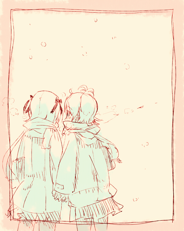 2girls amami_haruka blush border bow breath coat cowboy_shot fringe_trim from_behind futami_ami hair_bow holding_hands idolmaster idolmaster_(classic) interlocked_fingers limited_palette long_sleeves medium_hair miniskirt multiple_girls one_side_up pantyhose pink_border pleated_skirt scarf skirt sleeves_past_wrists snowing standing tareme winter_clothes winter_coat yae_(mono110) yellow_background yuri