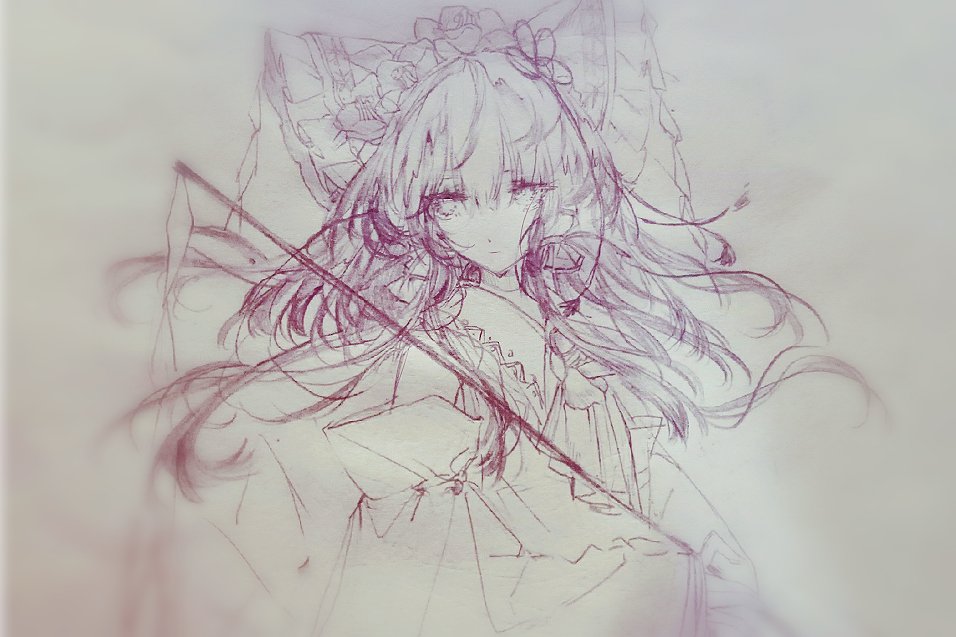 1girl ascot bow detached_sleeves frilled_bow frilled_hair_tubes frills gohei hair_bow hair_tubes hakurei_reimu ribbon-trimmed_sleeves ribbon_trim skirt skirt_set solo touhou traditional_media upper_body white_background zhixie_jiaobu