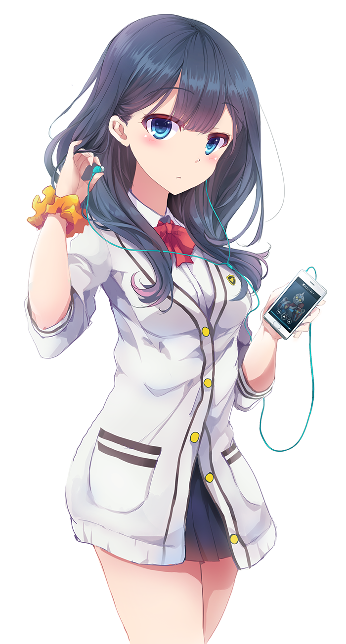 10s 1girl black_hair blue_eyes blush bow bowtie cardigan cellphone commentary_request cowboy_shot earbuds earphones female_focus goushou gridman_(ssss) gridman_universe highres looking_at_viewer partially_unbuttoned phone pleated_skirt school_uniform scrunchie simple_background skirt smartphone solo ssss.gridman takarada_rikka white_background wing_collar wrist_scrunchie