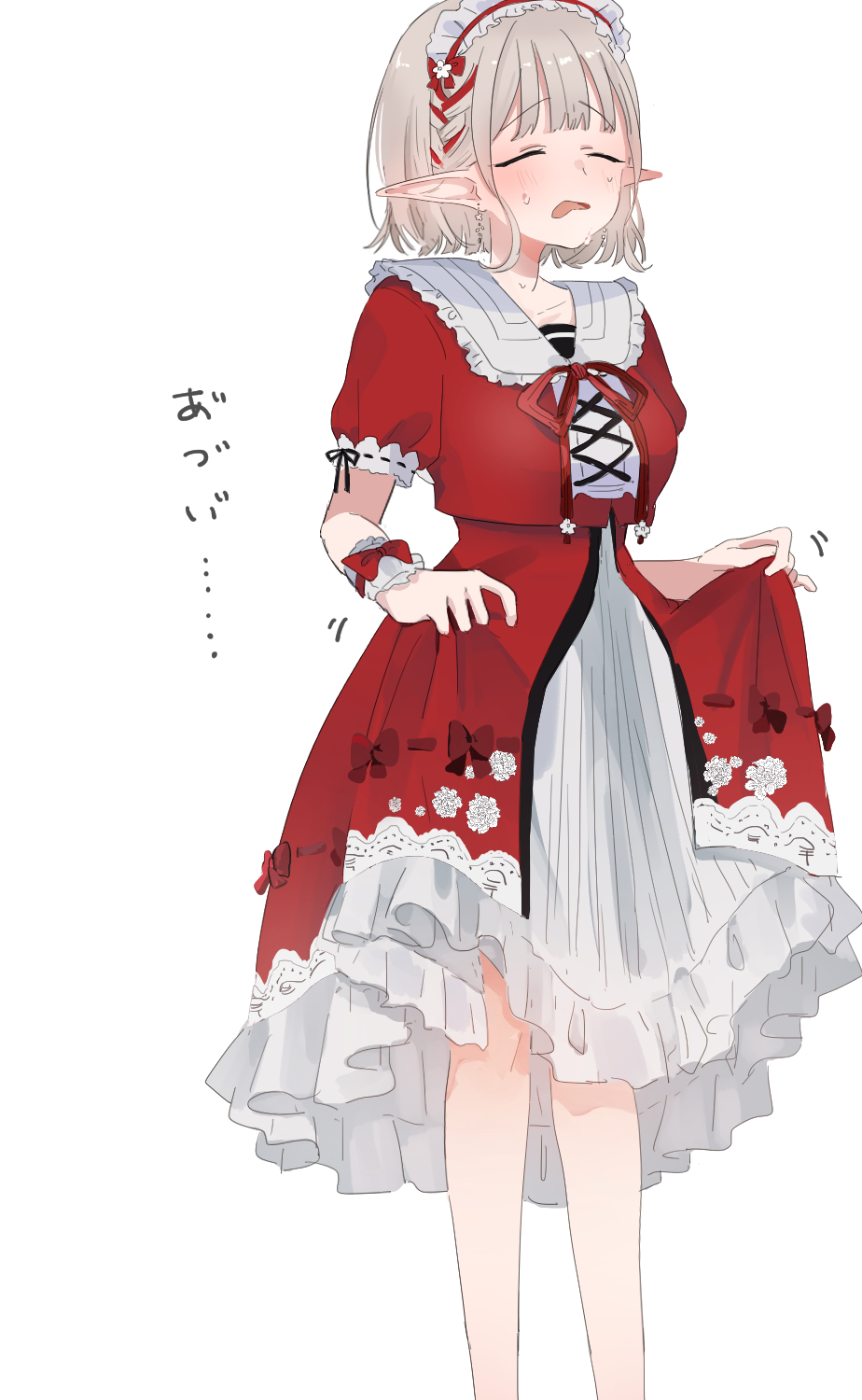 1girl blonde_hair blush breasts closed_eyes elu_(8th_costume)_(nijisanji) elu_(nijisanji) emi537469 highres legs maid_headdress medium_breasts medium_hair motion_lines nijisanji pointy_ears simple_background skirt_hold solo sweat virtual_youtuber white_background