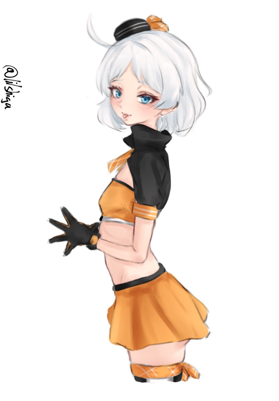 1girl ahoge bandeau black_gloves black_hat blue_eyes breasts dated garrison_cap gloves hat highres kantai_collection lilshigu lips midriff multicolored_thighhighs natsugumo_(kancolle) natsugumo_(race_queen)_(kancolle) orange_bandeau orange_skirt orange_tube_top race_queen short_hair simple_background skirt small_breasts solo strapless tube_top twitter_username white_background white_hair