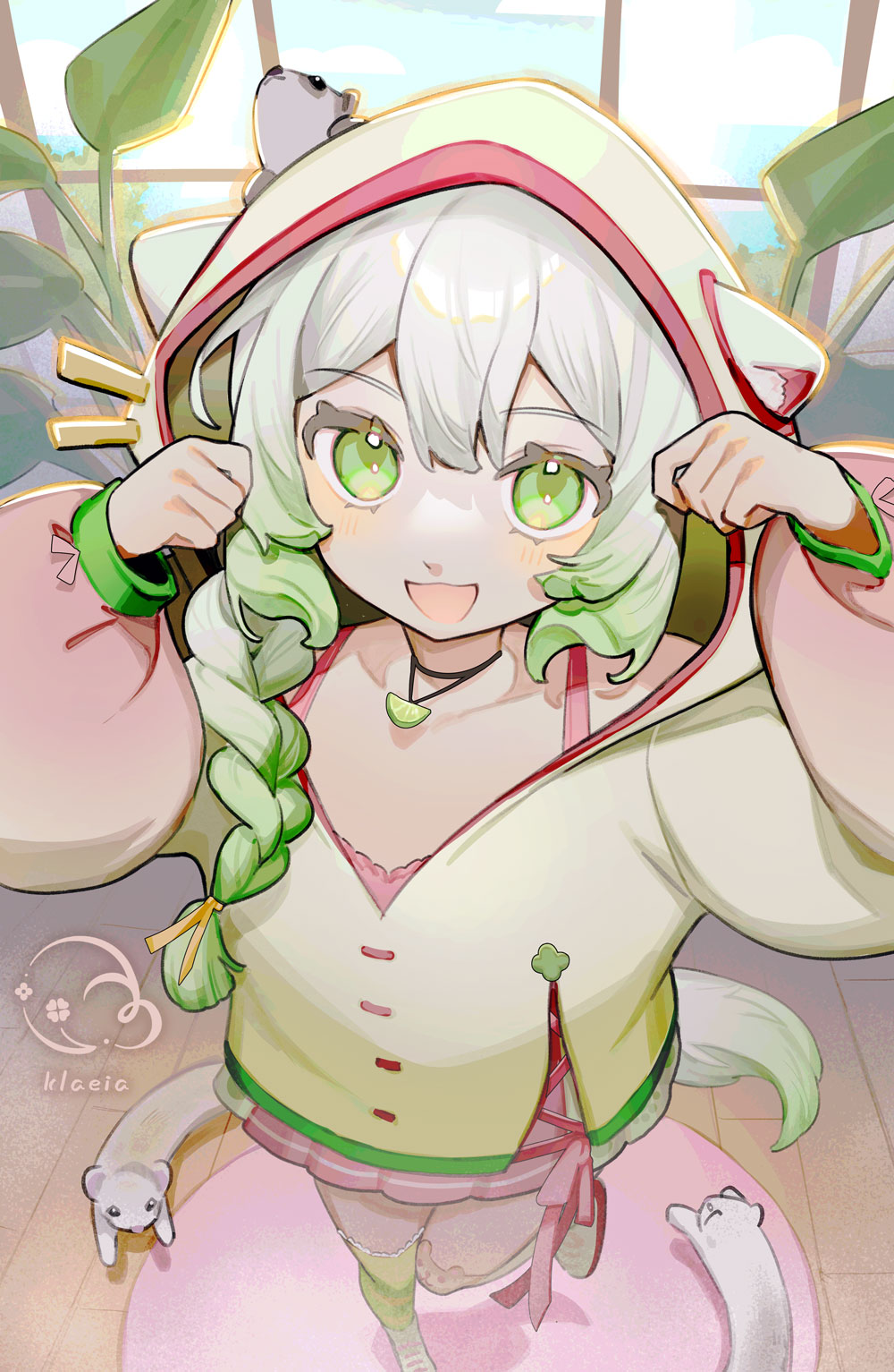 1girl 3others animal_ears artist_name asymmetrical_legwear blue_sky blush braid braided_ponytail breasts carpet cloud dress ferret ferret_ears ferret_girl ferret_tail floor gradient_hair gradient_tail green_eyes green_hair green_hoodie green_jacket green_nails green_tail hair_between_eyes hands_up highres hood hood_up hoodie indie_virtual_youtuber jacket klaeia laimu_(vtuber) laimu_(vtuber)_(1st_costume) looking_at_viewer mismatched_legwear multicolored_hair multicolored_tail multiple_others open_mouth pink_dress pink_nails plant potted_plant puffy_sleeves sky small_breasts sundress tail thighhighs two-tone_hair two-tone_tail vinesauce virtual_youtuber white_hair white_tail window wooden_floor zettai_ryouiki