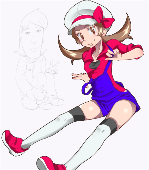 1girl bow brown_eyes brown_hair female_focus hat large_hat lyra_(pokemon) nintendo overalls pokemon pokemon_hgss red_bow ribbon shoes simple_background smile solo suspenders thighhighs twintails white_background zaitsu