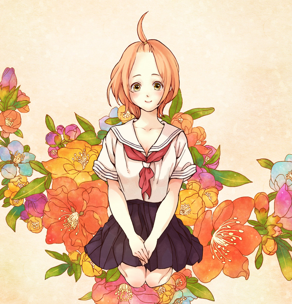 00s 1girl bad_id bad_pixiv_id brown_eyes female_focus floral_background flower forehead full_body gradient_background kinsupa kuzuryuu_momoko orange_hair plant school_uniform seiza serafuku sitting skirt smile solo sumomomo_momomo
