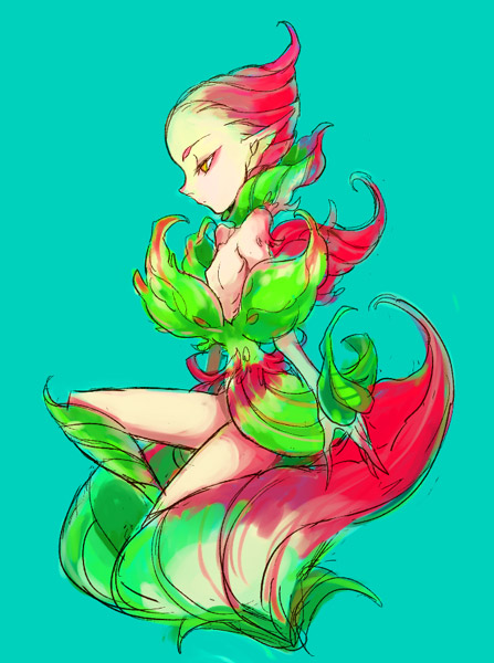 1boy artistic_error breasts breath_of_fire breath_of_fire_ii expressionless feminine green_background long_fingers male_focus nipples no_nipples notoro plant pointy_ears revealing_clothes simple_background skinny small_breasts solo spar tagme trap