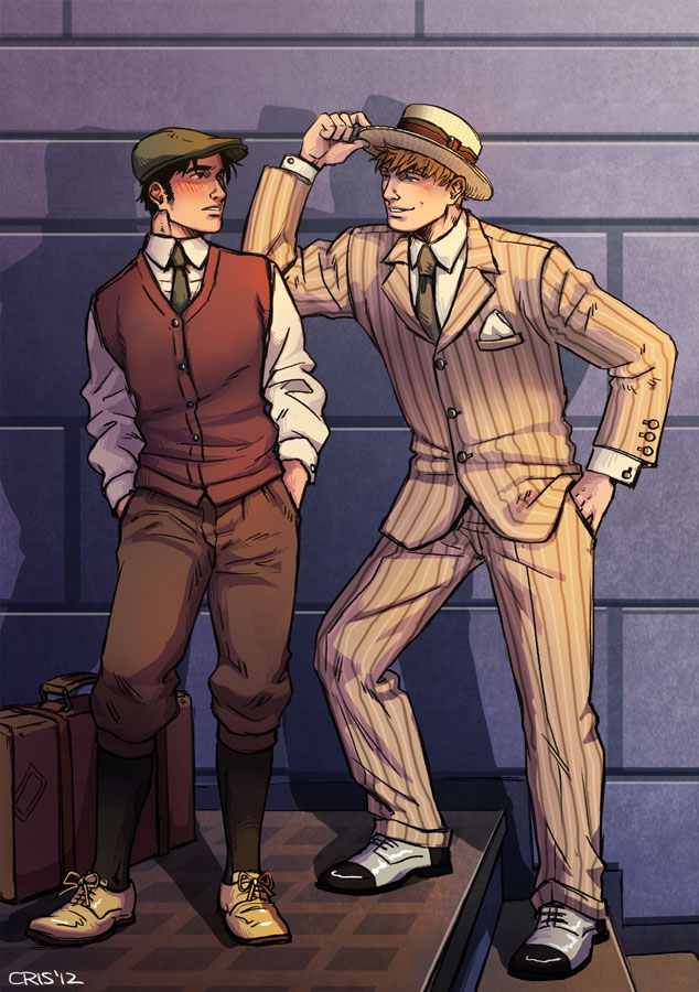 2boys adjusting_hair alternate_costume bara beige_suit black_hair blonde_hair blush brown_pants brown_suit contrapposto couple cris_art eye_contact fanfic formal_clothes full_body hands_in_pockets hulkling layered_clothes long_sideburns looking_at_another male_focus marvel multiple_boys necktie pants shoes short_hair sideburns standing striped_clothes striped_pants striped_suit suit thick_eyebrows wiccan yaoi
