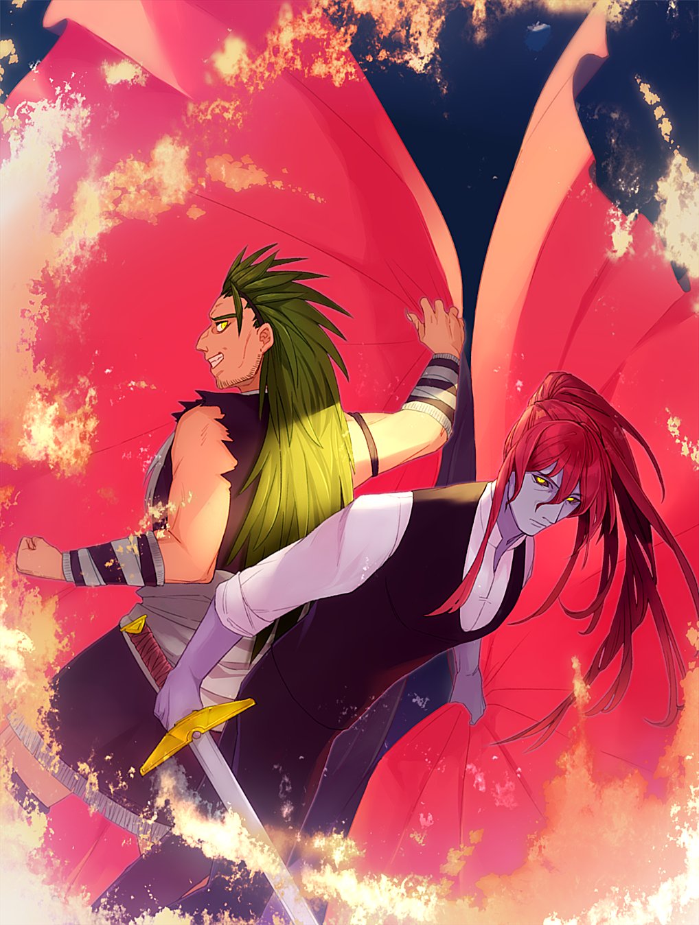 2boys brothers colored_skin facial_hair fur_trim gannen_harst green_hair hatsune_(leaden_heart07) highres holding holding_sword holding_weapon long_hair male_focus multiple_boys ponytail purple_skin red_hair siblings smile spiked_hair sword the_saga_of_darren_shan vancha_march weapon yellow_eyes