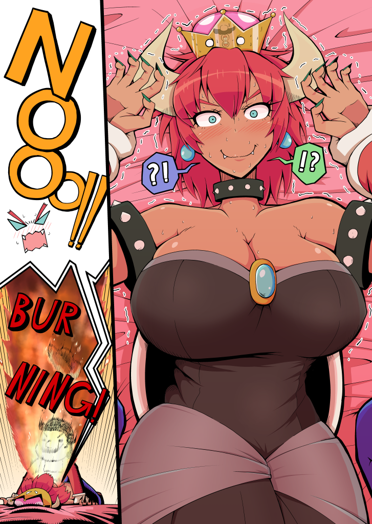 !? 1boy 1girl aqua_eyes bare_shoulders black_dress blush bowsette bracelet breasts breath_weapon breathing_fire brooch newsboy_cap cleavage collar constricted_pupils cowboy_shot dark_skin dress earrings embarrassed emphasis_lines english_text eyelashes facial_hair fangs fangs_out fingernails fire gloves green_nails hair_between_eyes hat head_tilt hip_focus horns huge_breasts inset jewelry looking_at_viewer lying mario_(series) mustache nail_polish nervous new_super_mario_bros._u_deluxe nintendo nose_blush on_back on_bed overalls pantyhose pinned pororokka_(macareo) pov puckered_lips red_hair red_shirt reflection screaming sharp_fingernails shell shiny_skin shirt short_hair skindentation solo_focus spiked_bracelet spiked_collar spikes spoken_interrobang strapless strapless_dress super_crown teeth trembling unworn_hat unworn_headwear white_gloves