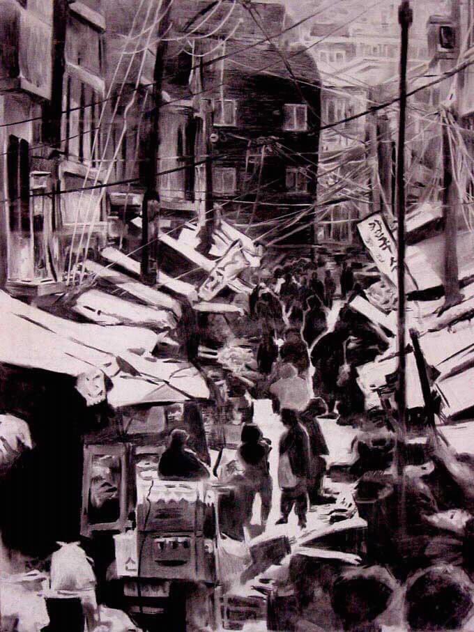 apartment building cable charcoal_(medium) market market_stall original people power_lines road scenery silhouette slow_d street town