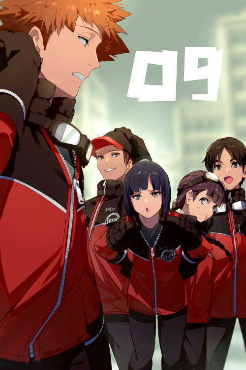 2girls 3boys :d :o :t arafune_tetsuji badge baseball_cap black_gloves black_hair black_pants blue_hair blurry blurry_background bob_cut braid braided_ponytail brown_hair closed_mouth echo_(circa) gloves goggles goggles_around_neck goggles_on_head grin hand_on_own_head hat jacket kashio_yutaka kon_yuka leaning_forward long_hair long_sleeves looking_at_another looking_at_viewer looking_back mizukami_satoshi_(world_trigger) multiple_boys multiple_girls open_mouth orange_hair outstretched_arms pants pout red_headwear red_jacket scratching_head short_hair sideways_glance single_braid smile standing teruya_fumika uniform world_trigger zipper