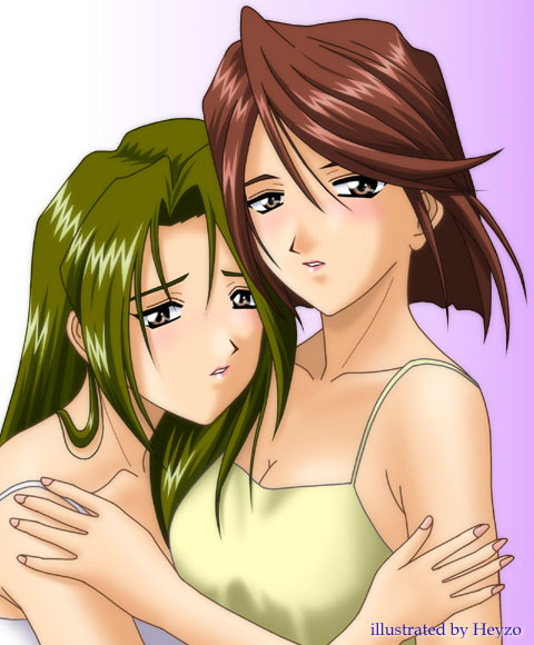00s 2girls blush brown_eyes brown_hair fujieda_kaede fujii_kasumi heyzo heyzo_(artist) hug long_hair multiple_girls sakura_taisen sakura_taisen_ii sega short_hair