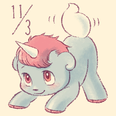 animal_focus animal_nose blush closed_mouth dated hooves horns lowres no_humans pink_eyes pink_hair short_hair simple_background single_horn smile tail tail_wagging taiyakineco tezuka_osamu_(style) unico unico_(character) unicorn white_background