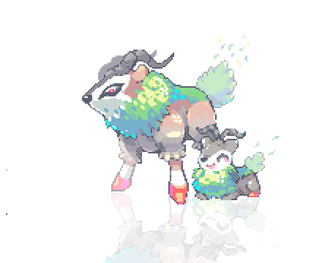 ^_^ animal_focus closed_eyes commentary evolutionary_line gen_6_pokemon goat gogoat grass horns nintendo no_humans open_mouth pixel_art pokemon pokemon_(creature) red_eyes reflection robin_(pixelated_robin) simple_background sitting skiddo smile snout tail white_background