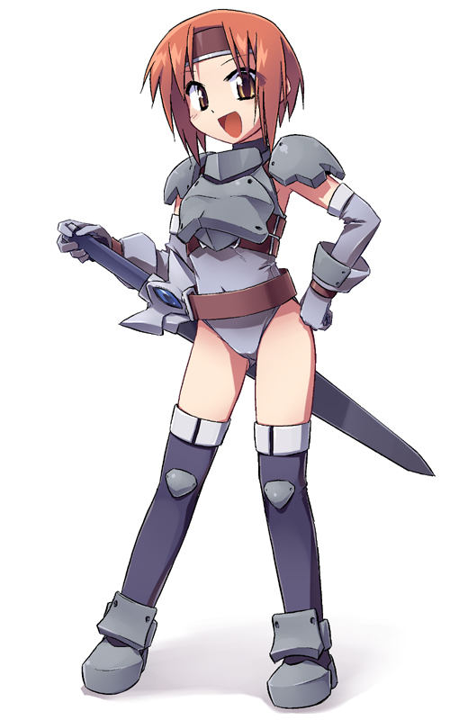 1girl armor belt brown_eyes brown_hair elbow_gloves female_focus gauntlets gloves hand_on_own_hip headband leotard mof original red_hair redrantem short_hair smile solo sword thighhighs tomoshibi_hidekazu weapon yellow_eyes