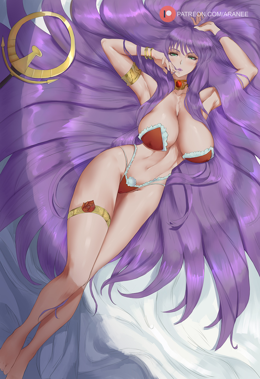 1girl araneesama armpits arms_up athena athena_(saint_seiya) bare_shoulders barefoot bed blush bra breasts cameltoe christmas cleavage collar feet female_focus from_above green_eyes groin highres kido_saori large_breasts legs light_blush lingerie long_hair looking_at_viewer lots_of_jewelry lying navel on_bed panties parted_lips purple_hair saint_seiya seductive_smile smile solo staff strapless strapless_bra thigh_strap thighs toes underwear wide_hips