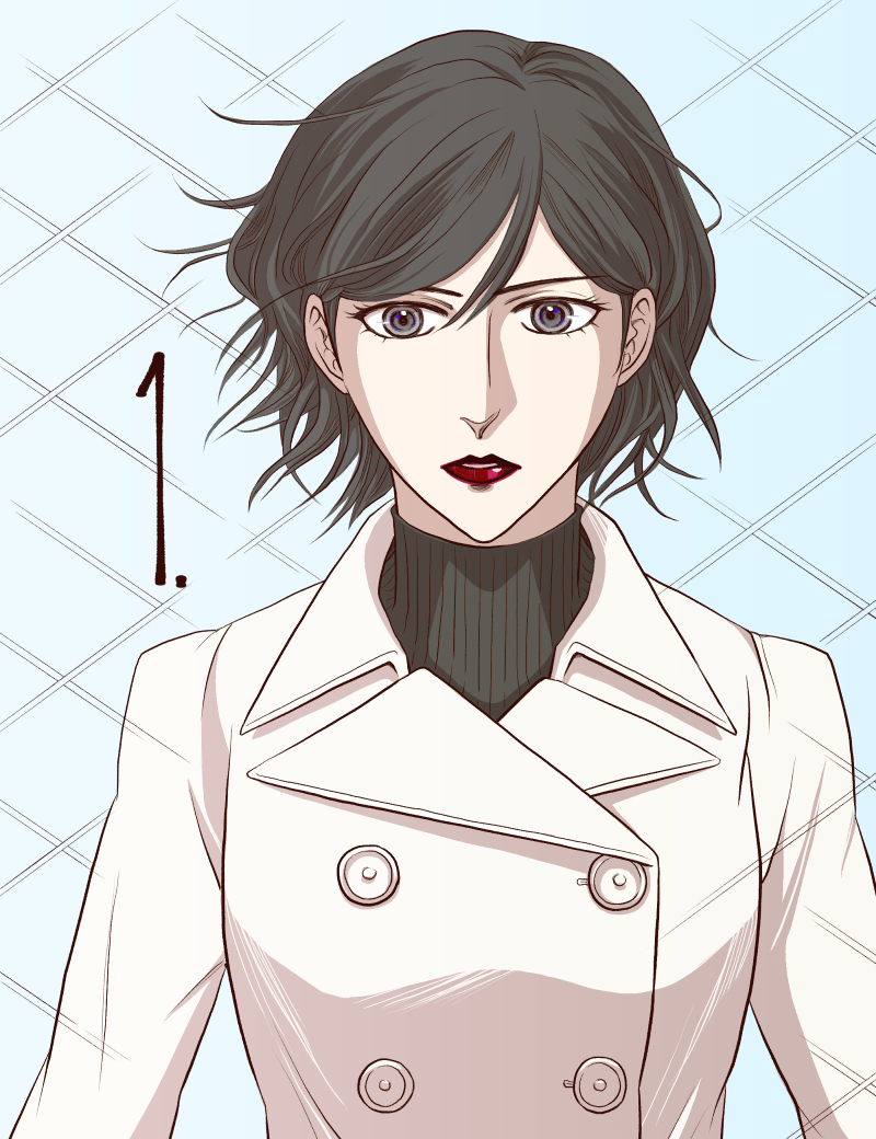 1girl black_hair blue_background buttons coat countdown fence floating_hair grey_eyes jacket red_lips shin_megami_tensei shin_megami_tensei_iii:_nocturne short_hair solo sweater takao_yuko turtleneck turtleneck_sweater upper_body watabashi_yf white_coat white_jacket
