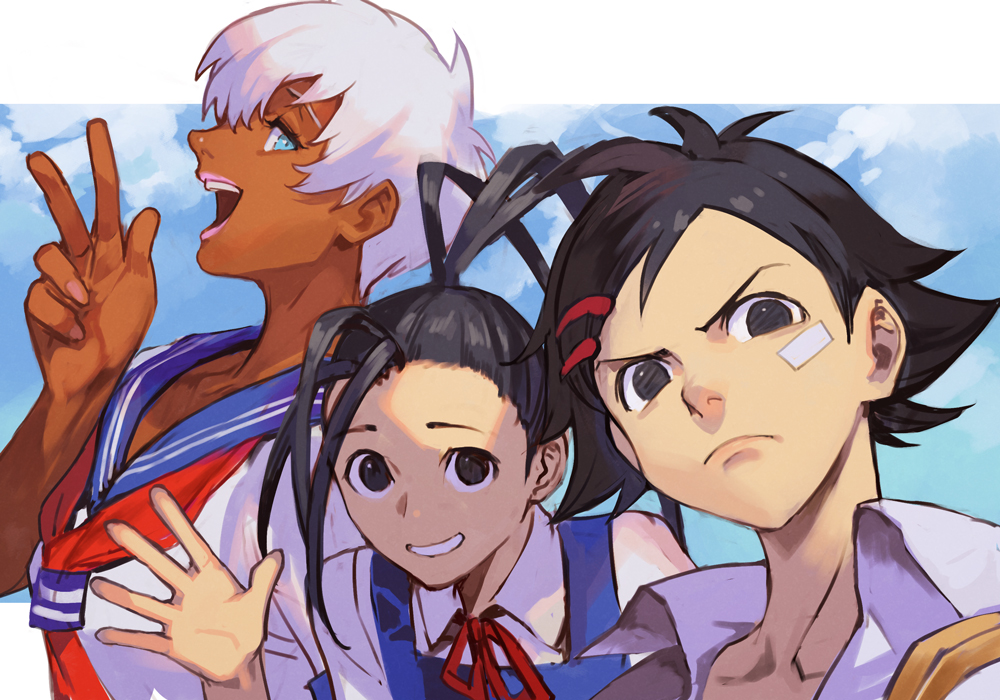 3girls :d bandaid bandaid_on_cheek bandaid_on_face black_eyes black_hair blue_eyes blue_sailor_collar closed_mouth cloud cloudy_sky collared_shirt dark-skinned_female dark_skin elena_(street_fighter) fingernails frown grin hair_ornament hairclip hungry_clicker ibuki_(street_fighter) letterboxed long_hair looking_at_viewer makoto_(street_fighter) multiple_girls neck_ribbon neckerchief open_mouth outside_border parted_lips pink_lips pink_nails red_neckerchief red_ribbon ribbon sailor_collar school_uniform serafuku shirt short_hair sky smile street_fighter street_fighter_iii_(series) street_fighter_iv_(series) summer_uniform teeth upper_body w waving white_hair white_shirt