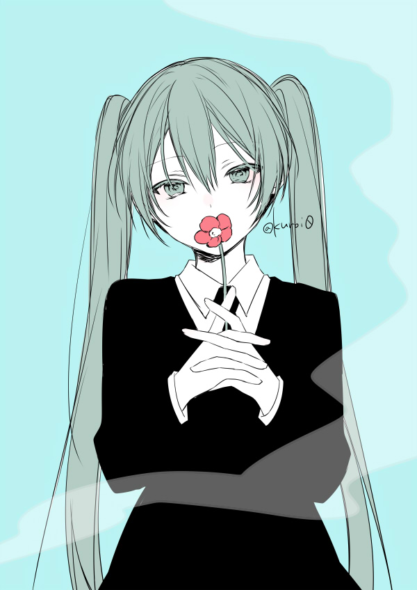 1girl black_dress blue_background collared_dress commentary covered_mouth dress flower green_eyes green_hair hair_between_eyes hands_up hatsune_miku hatsune_miku_(saihate) holding holding_flower interlocked_fingers kuroi_(liar-player) long_hair long_sleeves looking_at_viewer own_hands_together red_flower solo twintails twitter_username very_long_hair vocaloid