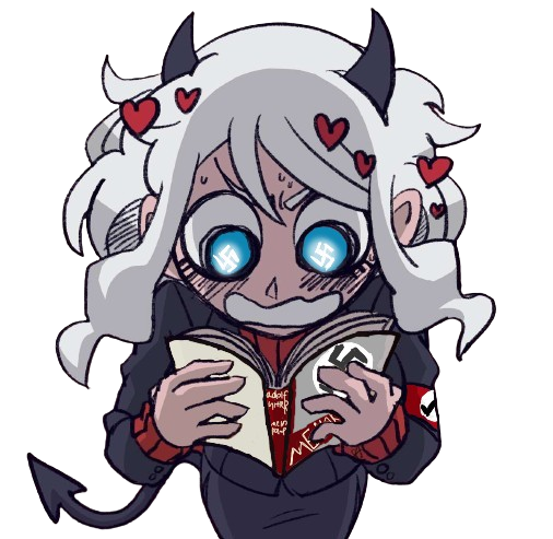 1girl armband blue_eyes business_suit demon_girl demon_horns demon_tail formal_clothes heart helltaker horns mein_kampf meme modeus_(helltaker) nazi suit swastika swastika-shaped_pupils sweater tail third-party_edit turtleneck turtleneck_sweater white_hair